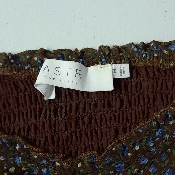 Astr The Label Top Womens Medium Brown Blue Puff Sleeve Smocked Blouse - Picture 5 of 10